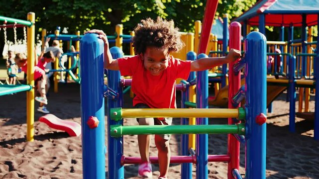 A child in a red shirt climbs a colorful playground structure. Other children are scattered around, playing and interacting with various equipment on a sunny day.