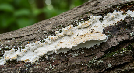 White Fungus Growth On A Fallen Log In The Forest Ecosystem