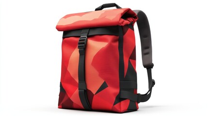 Red backpack with geometric art-inspired graphic, ergonomic straps, and durable material, isolate on white background