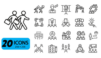 Set of 20 Workshop, Teamwork, and Training Icons, Outline Style, 256x256 Pixels
