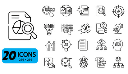 Set of 20 Data Analysis and Research Icons, Outline Style, 256x256 Pixels