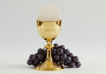 A golden chalice holding a host, adorned with grapes, symbolizes Christian communion.