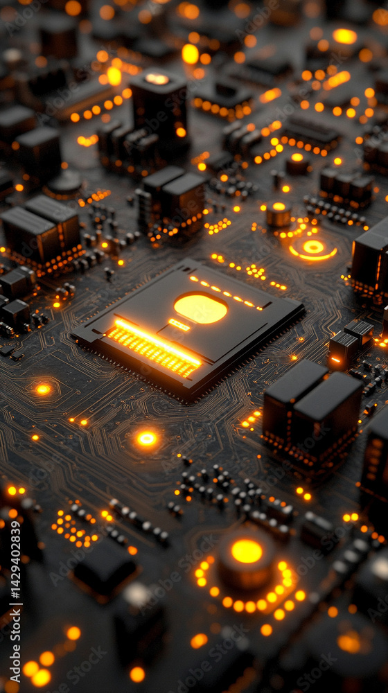 Poster close-up of illuminated semiconductor chips on a circuit board symbolizing precision innovation and 