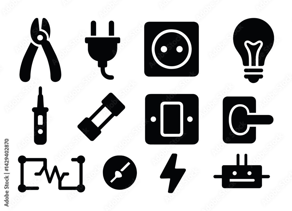 Poster electrical tools and devices icon set – solid style energy and power symbols for engineering project