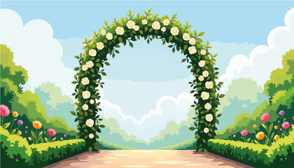 Flower Arch in a Garden Under Clear Blue Sky  