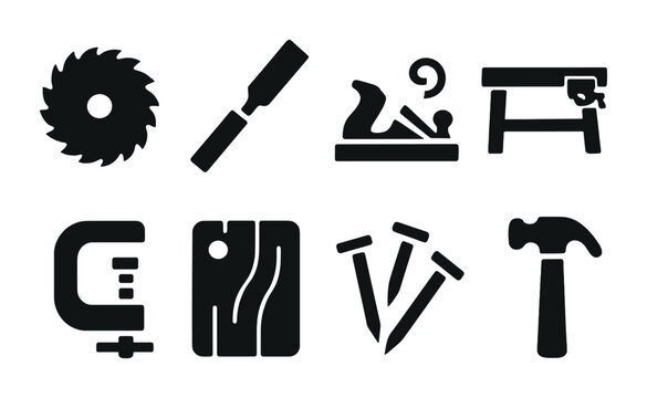 Carpentry tools solid icon set &ndash; silhouette woodworking, diy, and craftsmanship symbols for builders: saw blade, chisel, plane, workbench, clamp, wood board, nails, hammer.