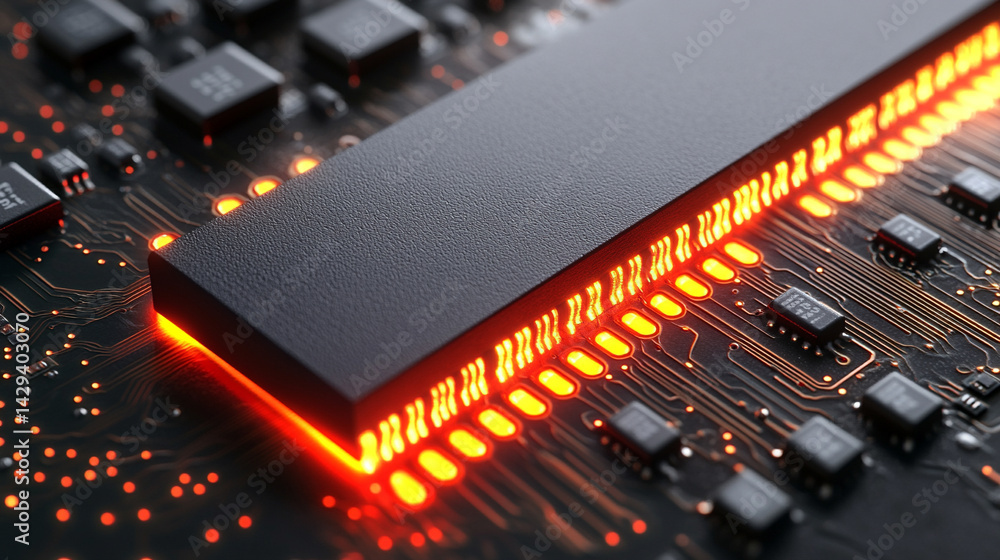 Poster close-up of illuminated semiconductor chips on a circuit board symbolizing precision innovation and 