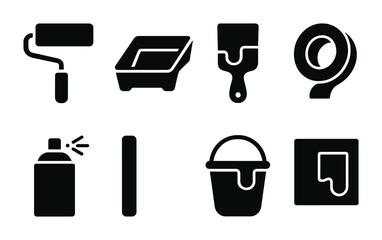 Plakat Home renovation tools icon set – solid style diy, maintenance, and improvement symbols for home projects: paint roller, tray, brush, tape, spray can, plank, bucket, paint sample.