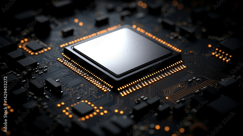 Poster close-up of illuminated semiconductor chips on a circuit board symbolizing precision innovation and 