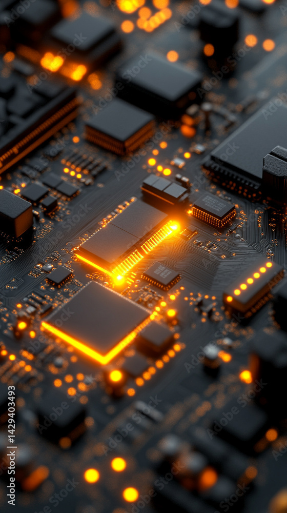 Poster close-up of illuminated semiconductor chips on a circuit board symbolizing precision innovation and 