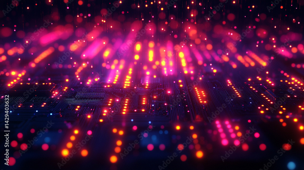 Poster close-up of illuminated semiconductor chips on a circuit board symbolizing precision innovation and 