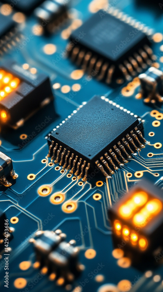 Poster close-up of illuminated semiconductor chips on a circuit board symbolizing precision innovation and 