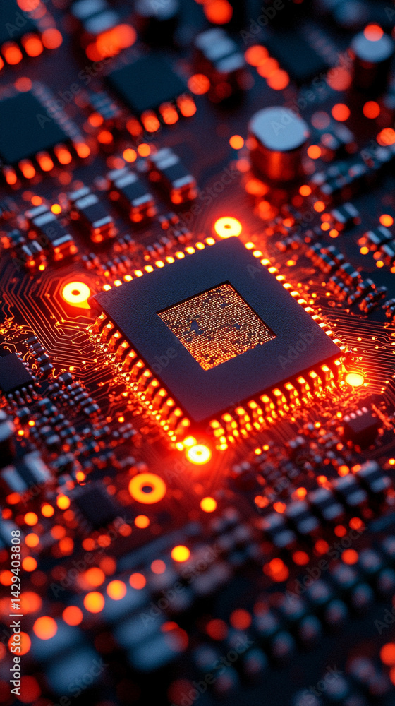 Poster close-up of illuminated semiconductor chips on a circuit board symbolizing precision innovation and 