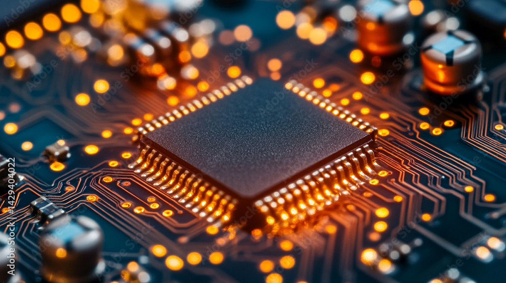 Poster close-up of illuminated semiconductor chips on a circuit board symbolizing precision innovation and 