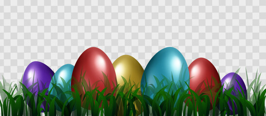 The colourful Easter eggs. Easter eggs on green grass. Spring background. Vector illustration for your creative design. Eps 10