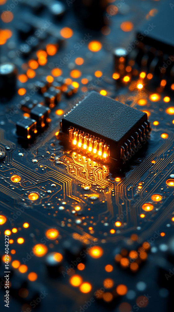 Poster close-up of illuminated semiconductor chips on a circuit board symbolizing precision innovation and 