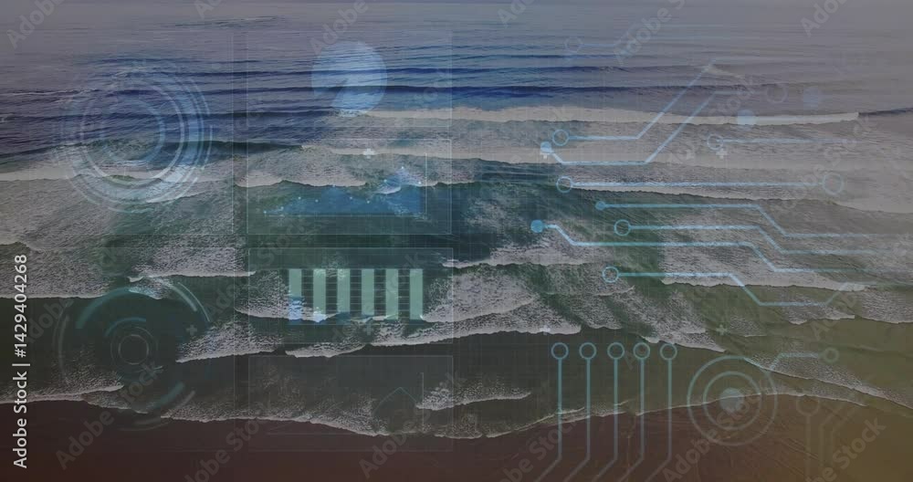 Aufkleber aerial view capturing breaking ocean waves beneath floating digital hud overlays in flat design