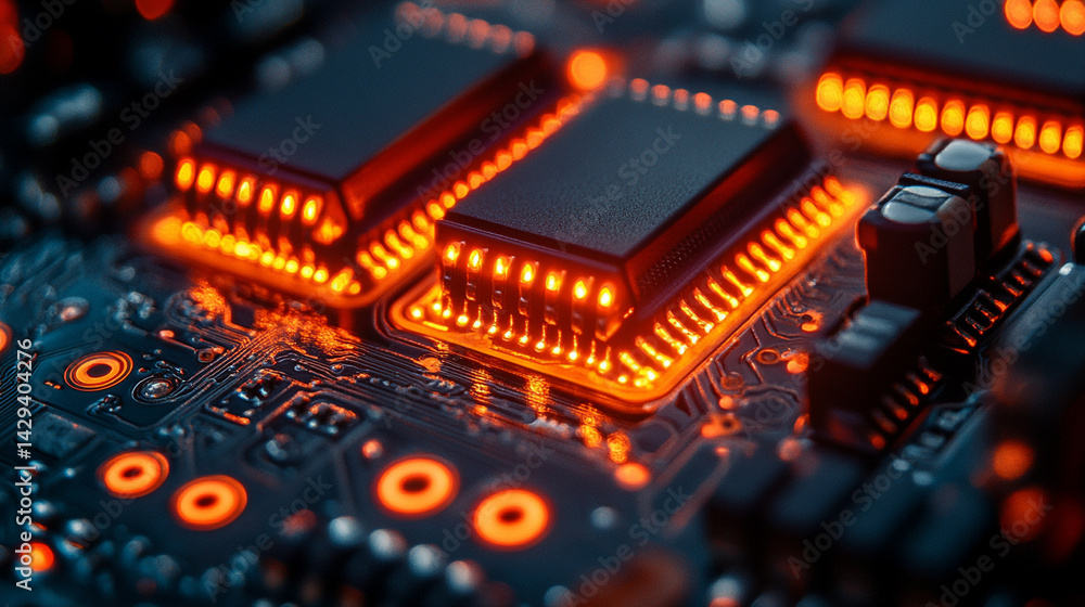 Poster close-up of illuminated semiconductor chips on a circuit board symbolizing precision innovation and 