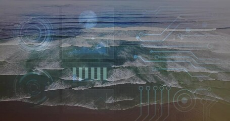 Aerial view capturing breaking ocean waves beneath floating digital HUD overlays in flat design - Powered by Adobe