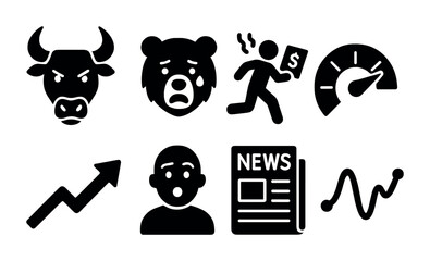 Fototapeta premium Bear and bull market silhouette icon set – solid style financial symbols for investment and trading: bear, bull, chart, trader, speedometer, news, graph, arrow.