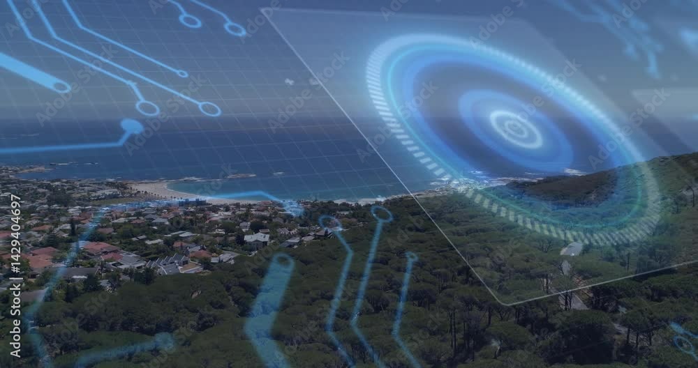 Poster concentric hud glowing above coastal landscape, showing blue circuit lines and grid in 3d render