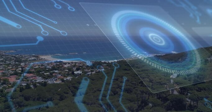 Concentric HUD glowing above coastal landscape, showing blue circuit lines and grid in 3D render