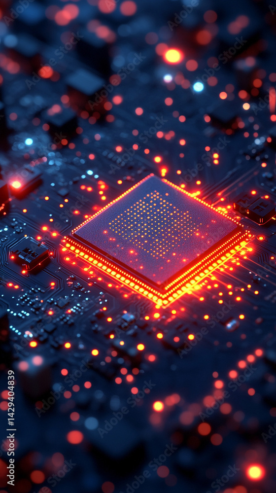 Poster close-up of illuminated semiconductor chips on a circuit board symbolizing precision innovation and 