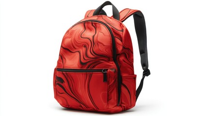 Graphic red backpack with digital art patterns, ergonomic shoulder straps, and spacious zippered compartments, isolate on white background