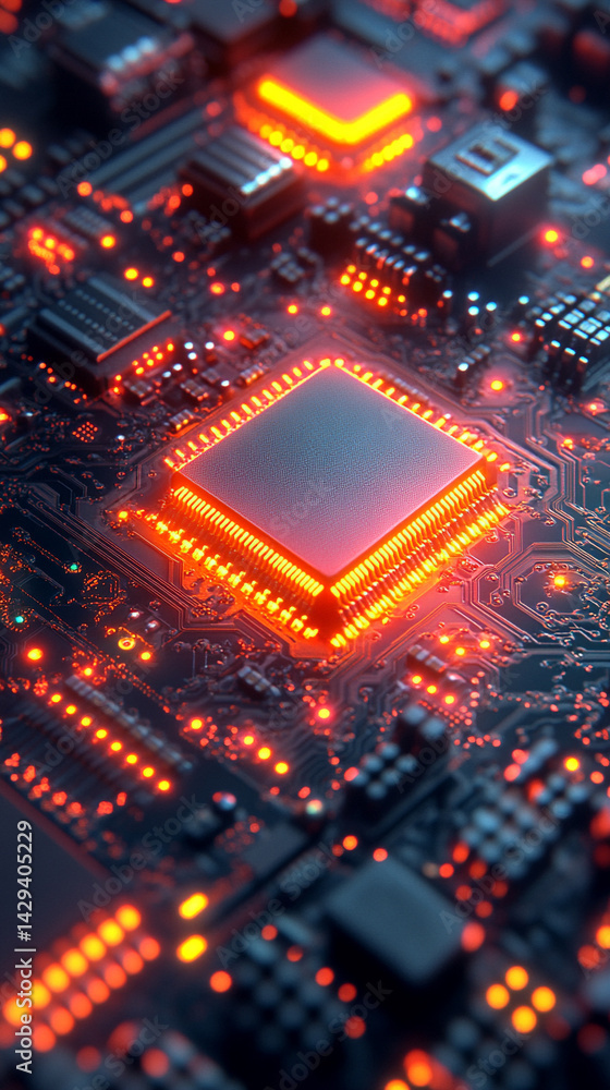 Poster close-up of illuminated semiconductor chips on a circuit board symbolizing precision innovation and 