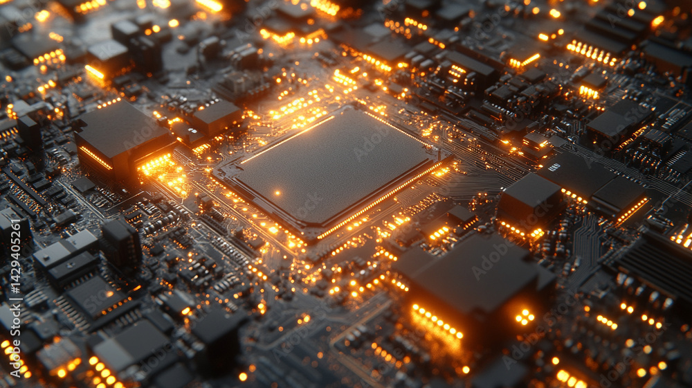 Poster close-up of illuminated semiconductor chips on a circuit board symbolizing precision innovation and 