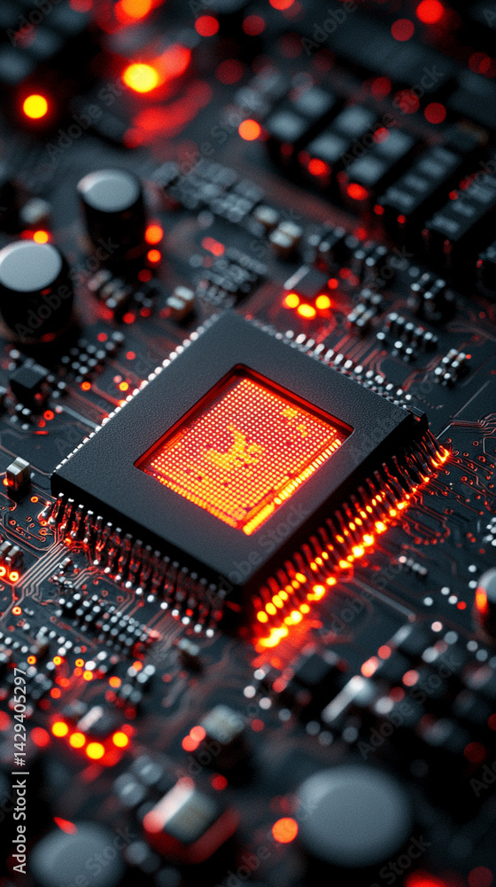 Poster close-up of illuminated semiconductor chips on a circuit board symbolizing precision innovation and 