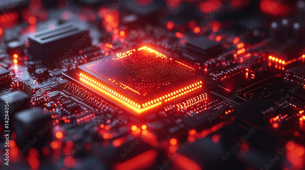 Aufkleber close-up of illuminated semiconductor chips on a circuit board symbolizing precision innovation and 