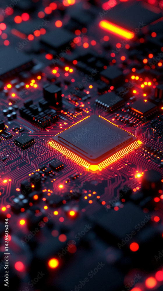 Poster close-up of illuminated semiconductor chips on a circuit board symbolizing precision innovation and 