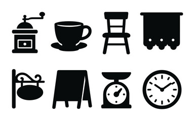 Vintage kitchen and dining icon set – silhouette style retro cooking and dining symbols: coffee grinder, teacup, chair, tablecloth, sign, blackboard, scale, clock.