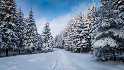 Fototapeta premium a path through the winter forest with snow covered christmas trees