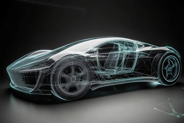 Naklejka premium Future Car 3D Wireframe Render on Black, Automotive , Technology