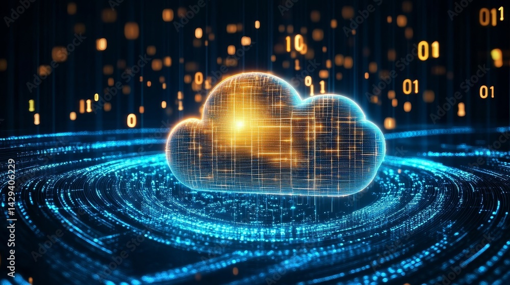 Poster golden cloud digital grid, binary code, data stream concept, cloudcomputing, datacenter