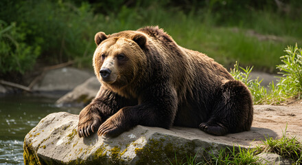 Obraz premium A large, brown grizzly bear rests on a stone, gazing peacefully near the water's edge.