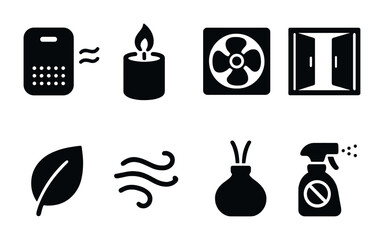 Home air quality silhouette icon set – solid style cleanliness, freshness, and aroma symbols for indoor environment improvement: air purifier, candle, fan, window, leaf, airflow, diffuser, spray.