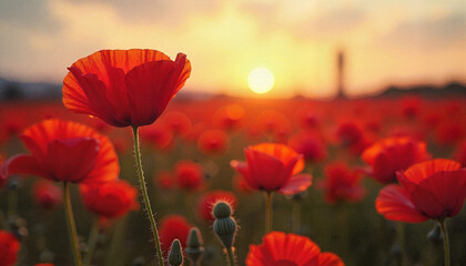 Naklejka premium Single tall poppy standing proudly in red field at sunset, nature's beauty