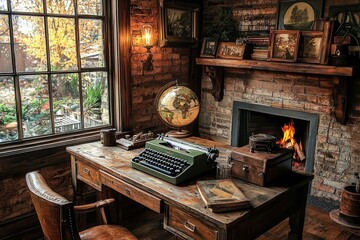 A rustic study with a typewriter, globe, fireplace, and vintage books, bathed in warm light.