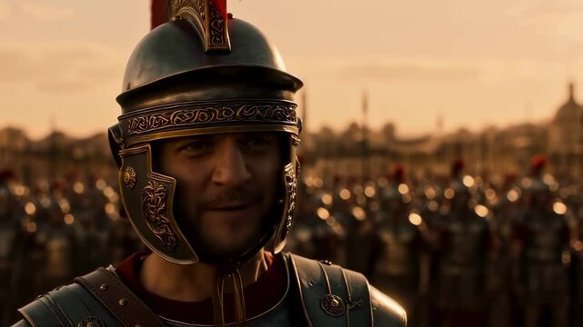 Roman centurion leading army in ancient city during golden hour  
