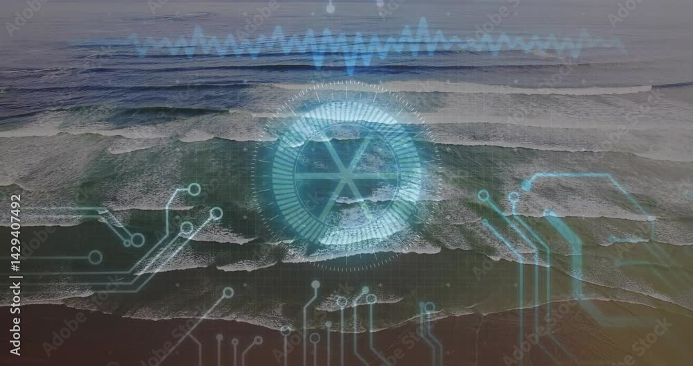Poster digital hud overlay moving over ocean waves, showing blue waveform graphs and circuit lines