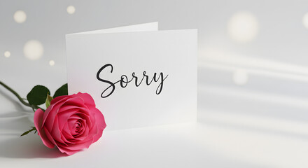 A pink rose rests beside a card expressing a sincere apology on a clean, white surface.