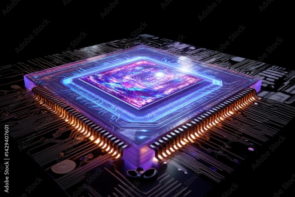 Poster ai processor chip showcases vibrant digital artwork flowing through intricate circuits from a creati