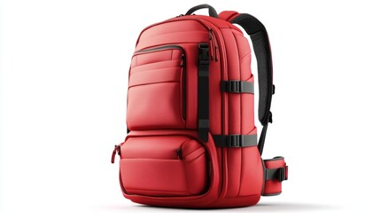Graphic red backpack with clean abstract lines, ergonomic back support, and sleek design, isolate on white background