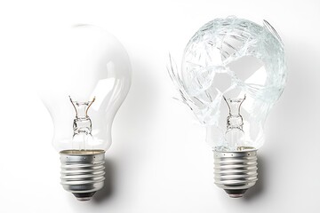 A brand-new light bulb on the left, a broken shattered bulb on the right, clear contrast, white background.