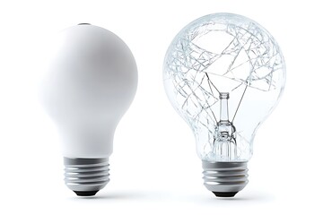 A brand-new light bulb on the left, a broken shattered bulb on the right, clear contrast, white background.