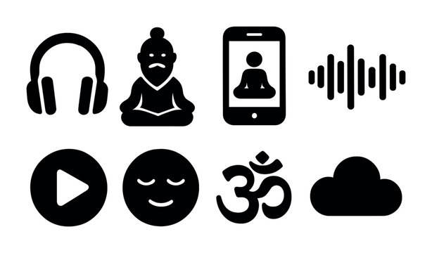 Meditation and mindfulness solid icons set – silhouette style for relaxation, wellness, and mental health resources: headphones, guru, smartphone, sound wave, play button, calm face, om symbol, cloud