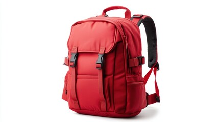 Red backpack with clean geometric patterns, ergonomic back support, and smooth zipper closures, isolate on white background